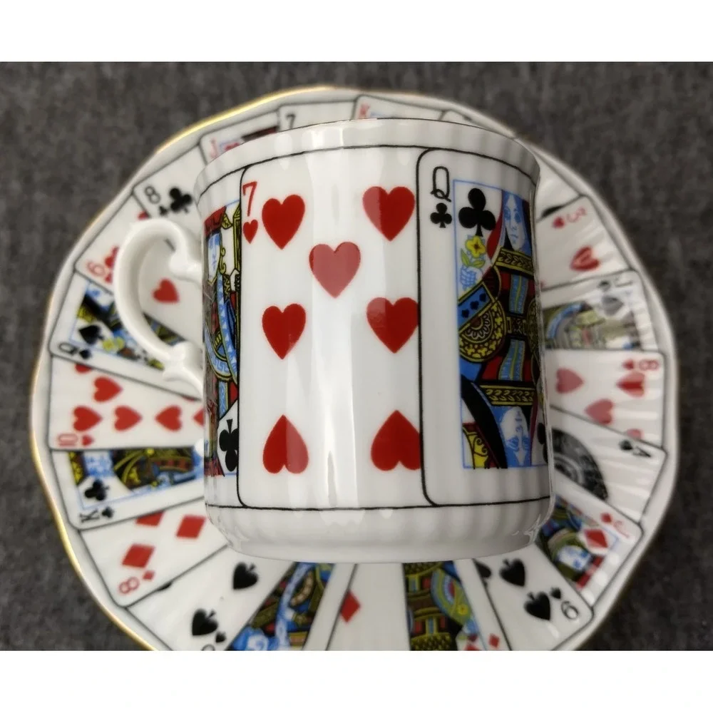 Elizabethan Playing Cards‎ Demitasse Cup & Saucer Set/4 Cut for Coffee England